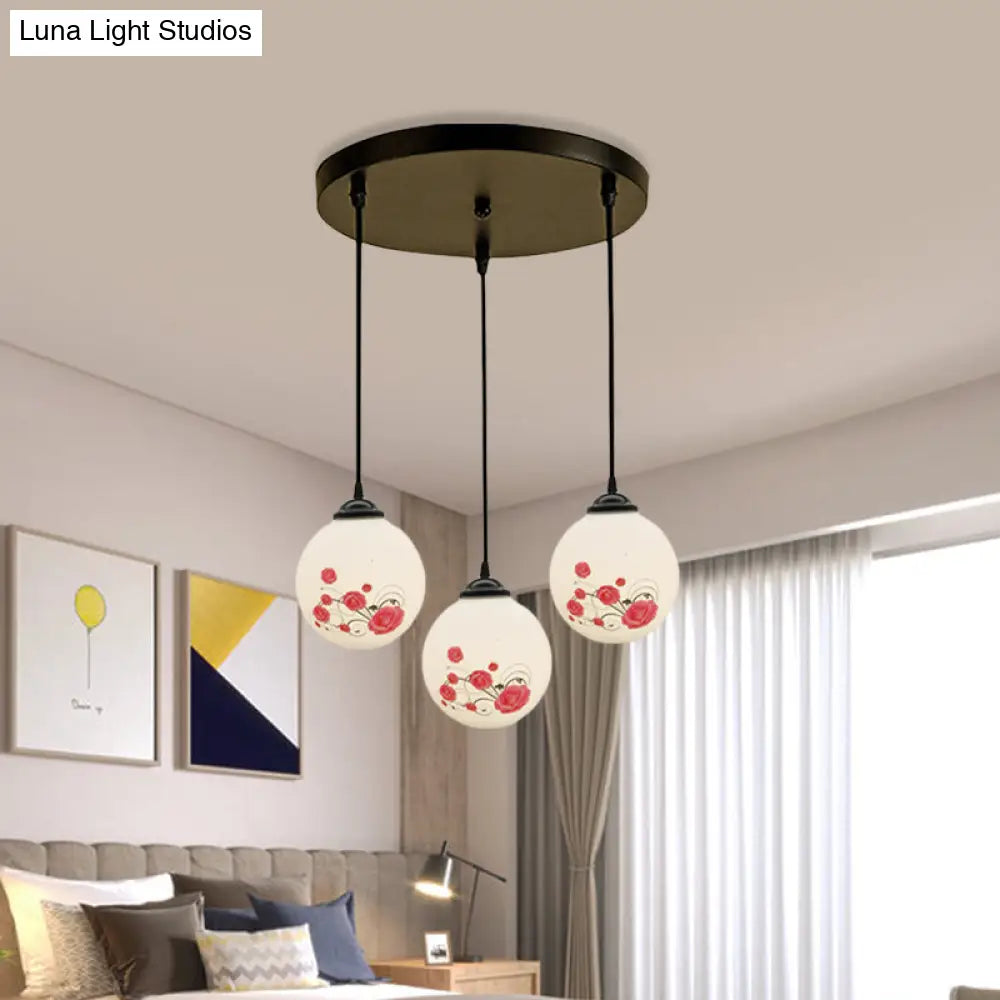 Modern Black Multi-Pendant Hanging Light Kit With Flower Pattern And Frosted Glass