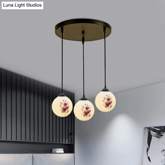 Modern Black Multi-Pendant Hanging Light Kit With Flower Pattern And Frosted Glass