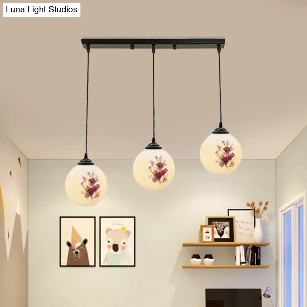 Modern Black Multi-Pendant Hanging Light Kit With Flower Pattern And Frosted Glass