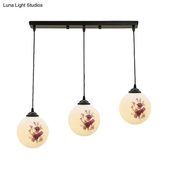 Modern Black Multi-Pendant Hanging Light Kit With Flower Pattern And Frosted Glass