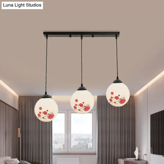 Modern Black Multi-Pendant Hanging Light Kit With Flower Pattern And Frosted Glass