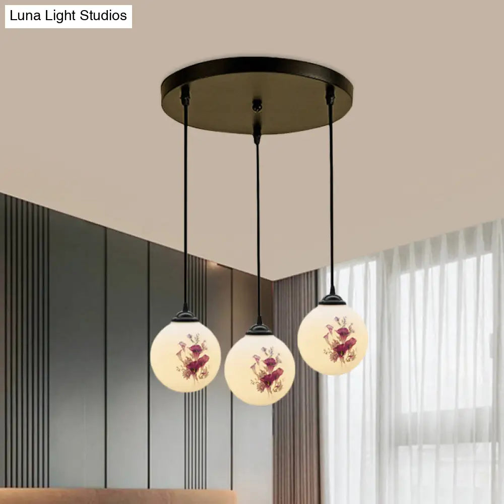 Modern Black Multi-Pendant Hanging Light Kit With Flower Pattern And Frosted Glass