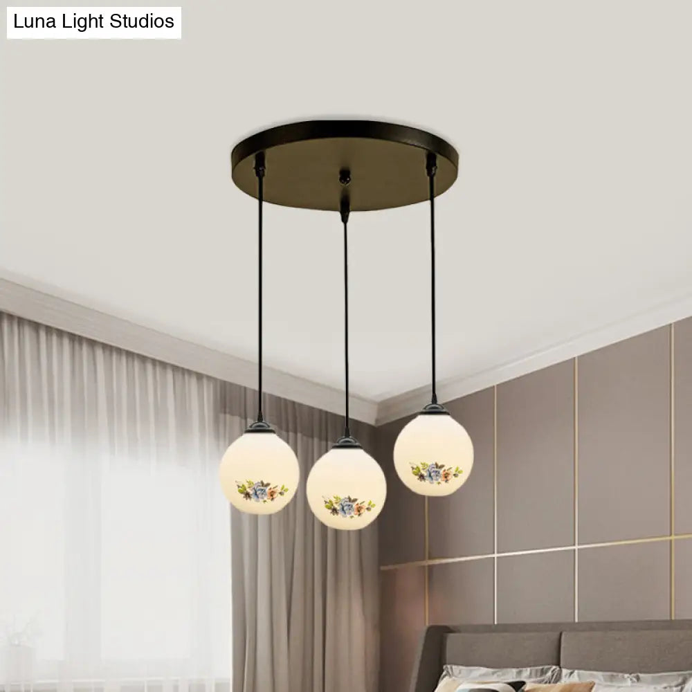 Modern Black Multi-Pendant Hanging Light Kit With Flower Pattern And Frosted Glass