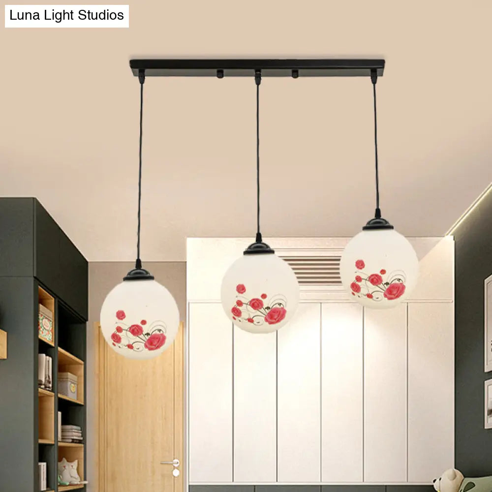 Modern Black Multi-Pendant Hanging Light Kit With Flower Pattern And Frosted Glass