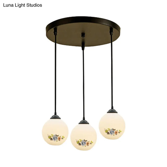 Modern Black Multi-Pendant Hanging Light Kit With Flower Pattern And Frosted Glass