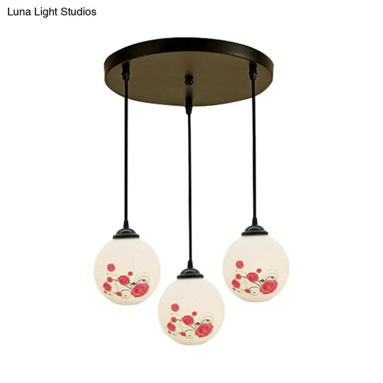 Modern Black Multi-Pendant Hanging Light Kit With Flower Pattern And Frosted Glass