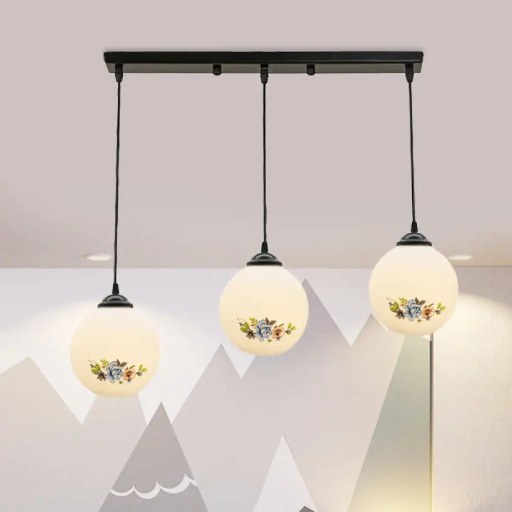 Modern Black Multi-Pendant Hanging Light Kit With Flower Pattern And Frosted Glass White / A Linear