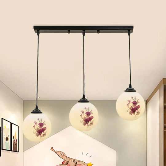 Modern Black Multi-Pendant Hanging Light Kit With Flower Pattern And Frosted Glass White / B Linear