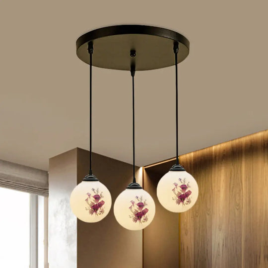 Modern Black Multi-Pendant Hanging Light Kit With Flower Pattern And Frosted Glass White / B Round