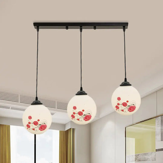 Modern Black Multi-Pendant Hanging Light Kit With Flower Pattern And Frosted Glass White / C Linear