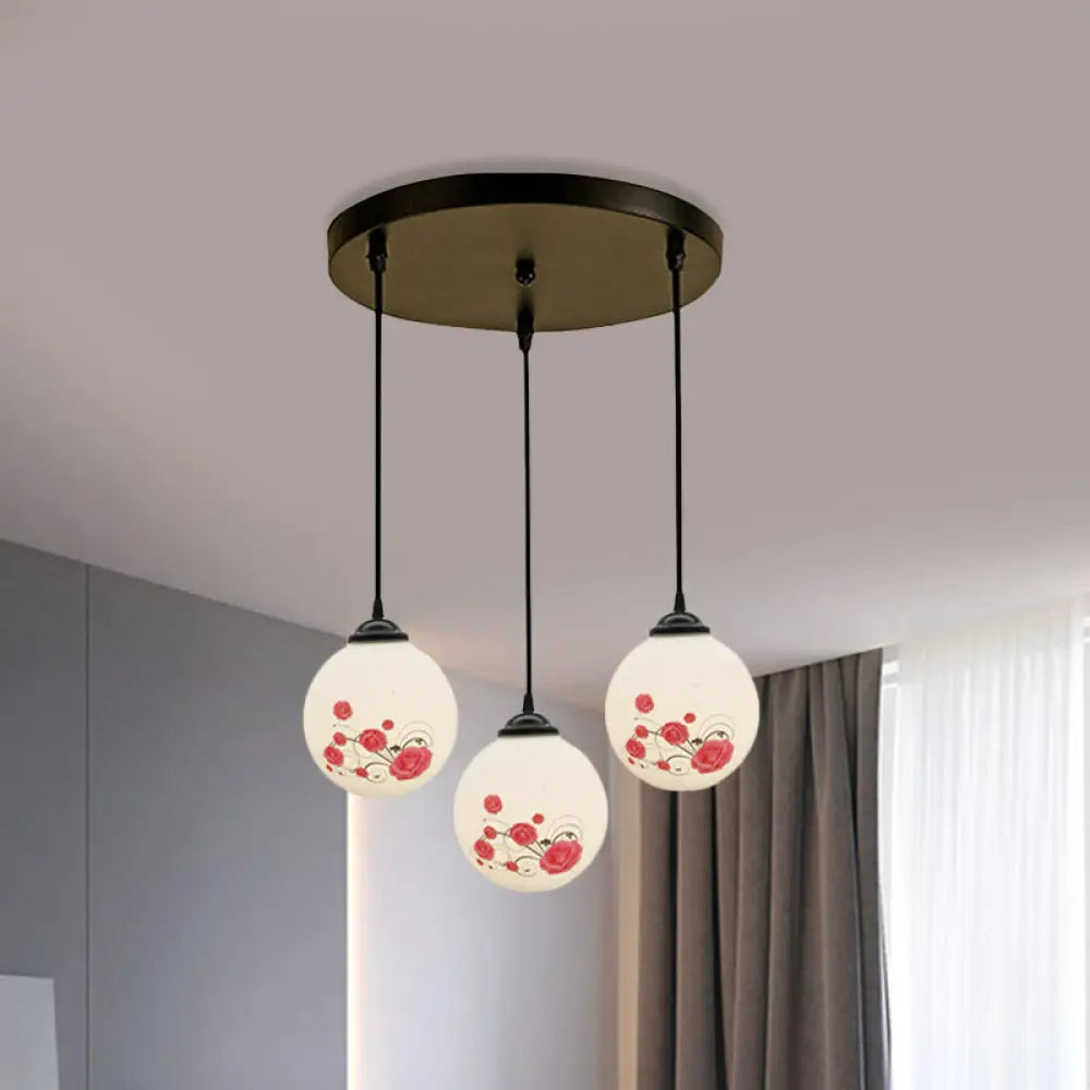 Modern Black Multi-Pendant Hanging Light Kit With Flower Pattern And Frosted Glass White / C Round