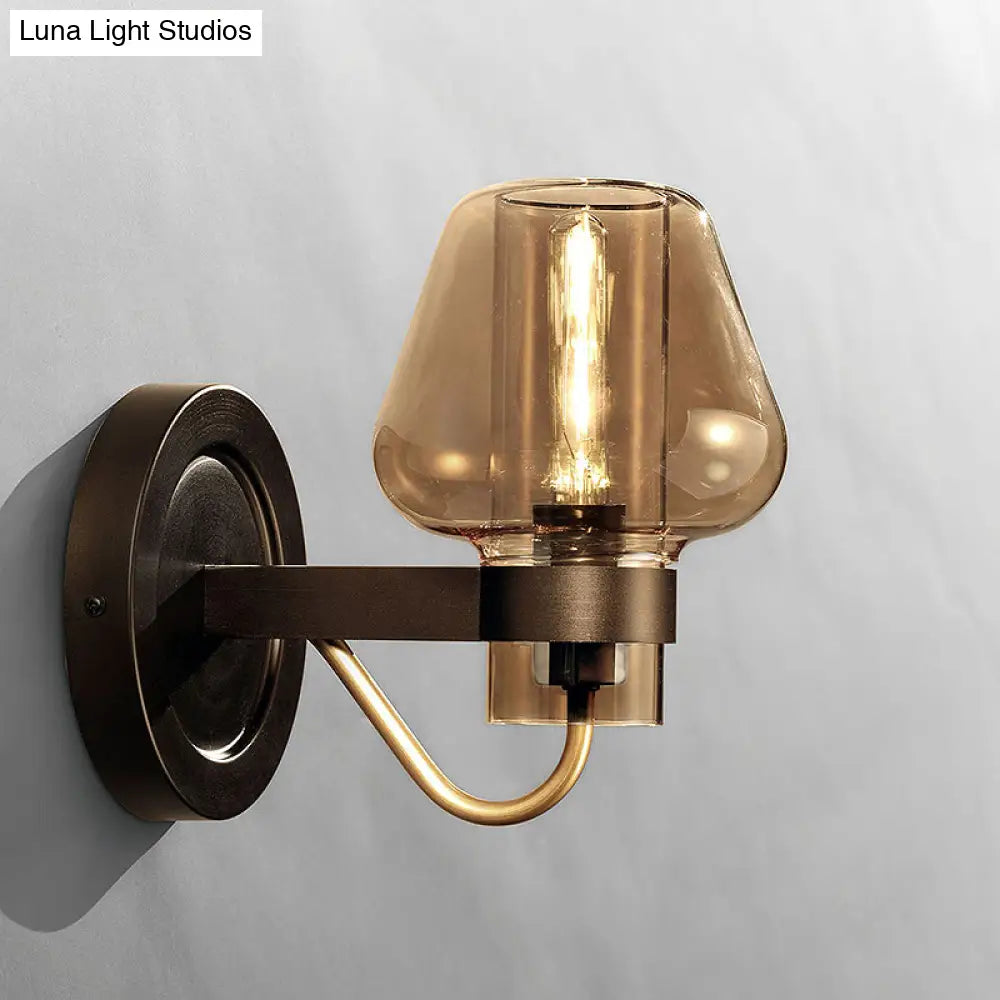 Modern Black Mushroom Wall Sconce With Amber Glass - Bedroom Lighting Fixture