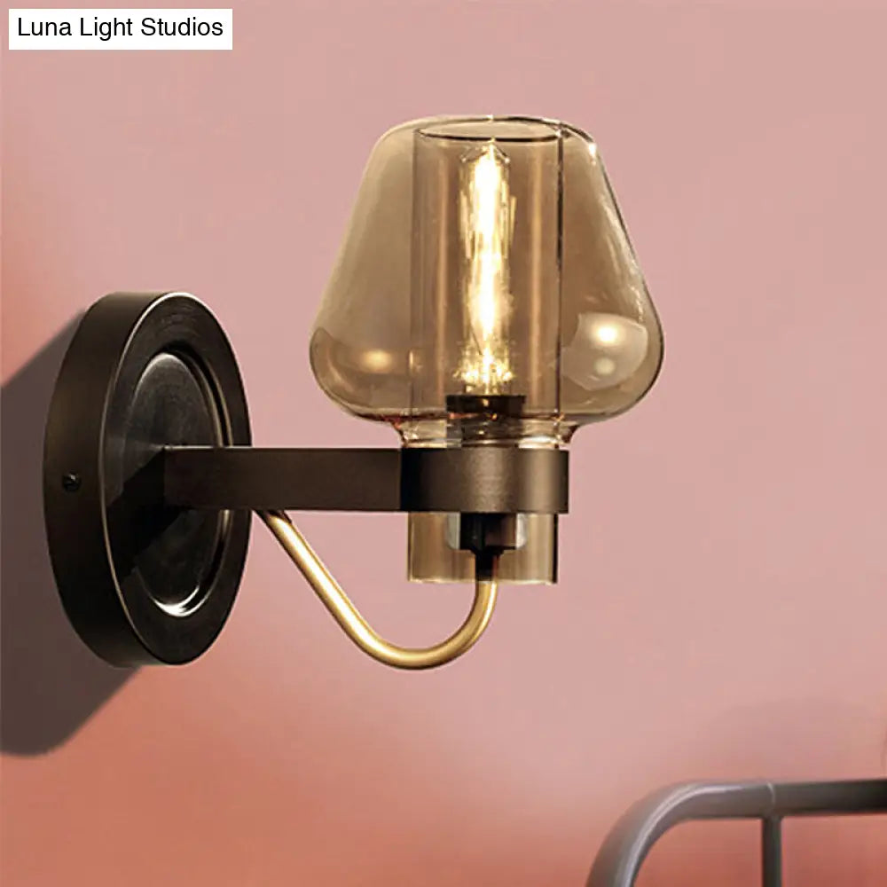 Modern Black Mushroom Wall Sconce With Amber Glass - Bedroom Lighting Fixture