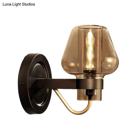 Modern Black Mushroom Wall Sconce With Amber Glass - Bedroom Lighting Fixture