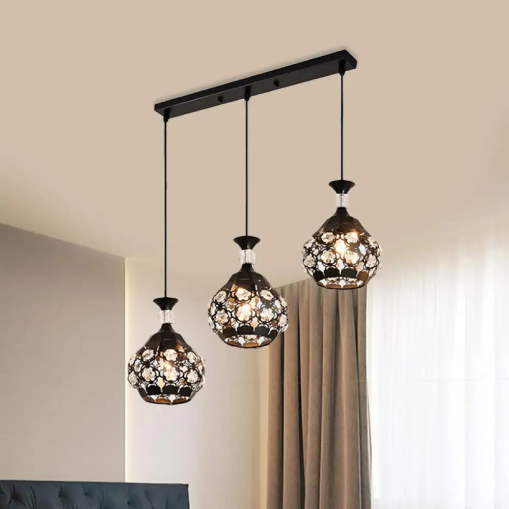 Modern Black Onion Suspension Light With Crystal Encrusted Cluster And 3 Bulbs