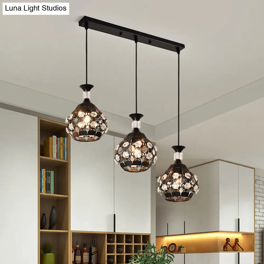 Modern Black Onion Suspension Light With Crystal Encrusted Cluster And 3 Bulbs