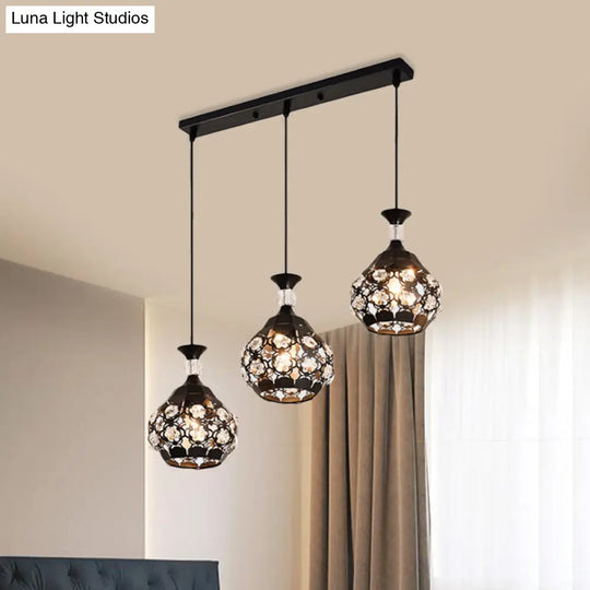 Modern Black Onion Pendant Light With Laser-Cut Design Crystal Accents And 3 Bulbs