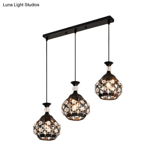 Modern Black Onion Suspension Light With Crystal Encrusted Cluster And 3 Bulbs