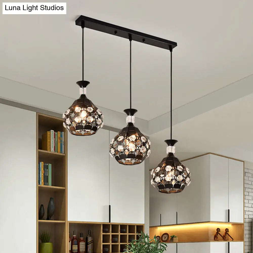 Modern Black Onion Pendant Light With Laser-Cut Design Crystal Accents And 3 Bulbs