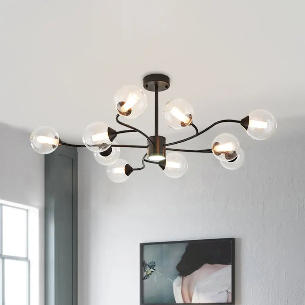 Modern Black Orb Chandelier With Clear Glass Shades- 10 Heads Pendant Light For Living Room