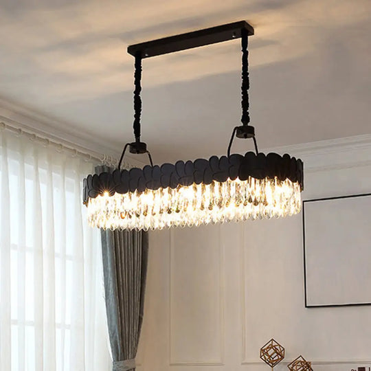 Modern Black Oval Island Chandelier With Clear Crystal Blocks - 8 Heads Ideal For Dining Room