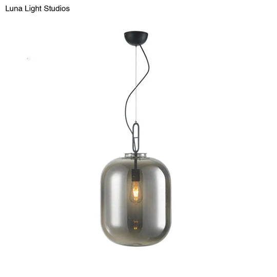 Modern Black Ovale Ceiling Hanging Light With Smoke Grey/Amber Glass Pendant - 1 Bulb Lighting