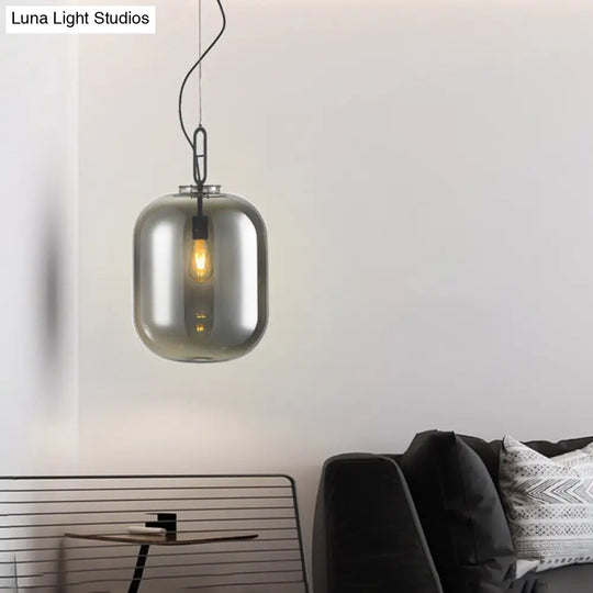 Modern Black Ovale Ceiling Pendant Light Fixture - 1 Bulb Smoke Grey/Amber Glass Sizes 9.5/14/17