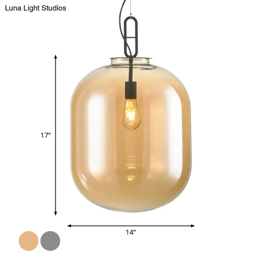 Modern Black Ovale Ceiling Hanging Light With Smoke Grey/Amber Glass Pendant - 1 Bulb Lighting