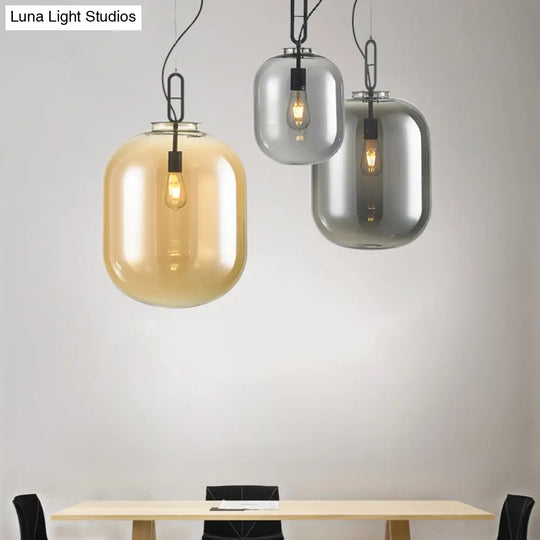 Modern Black Ovale Ceiling Hanging Light With Smoke Grey/Amber Glass Pendant - 1 Bulb Lighting