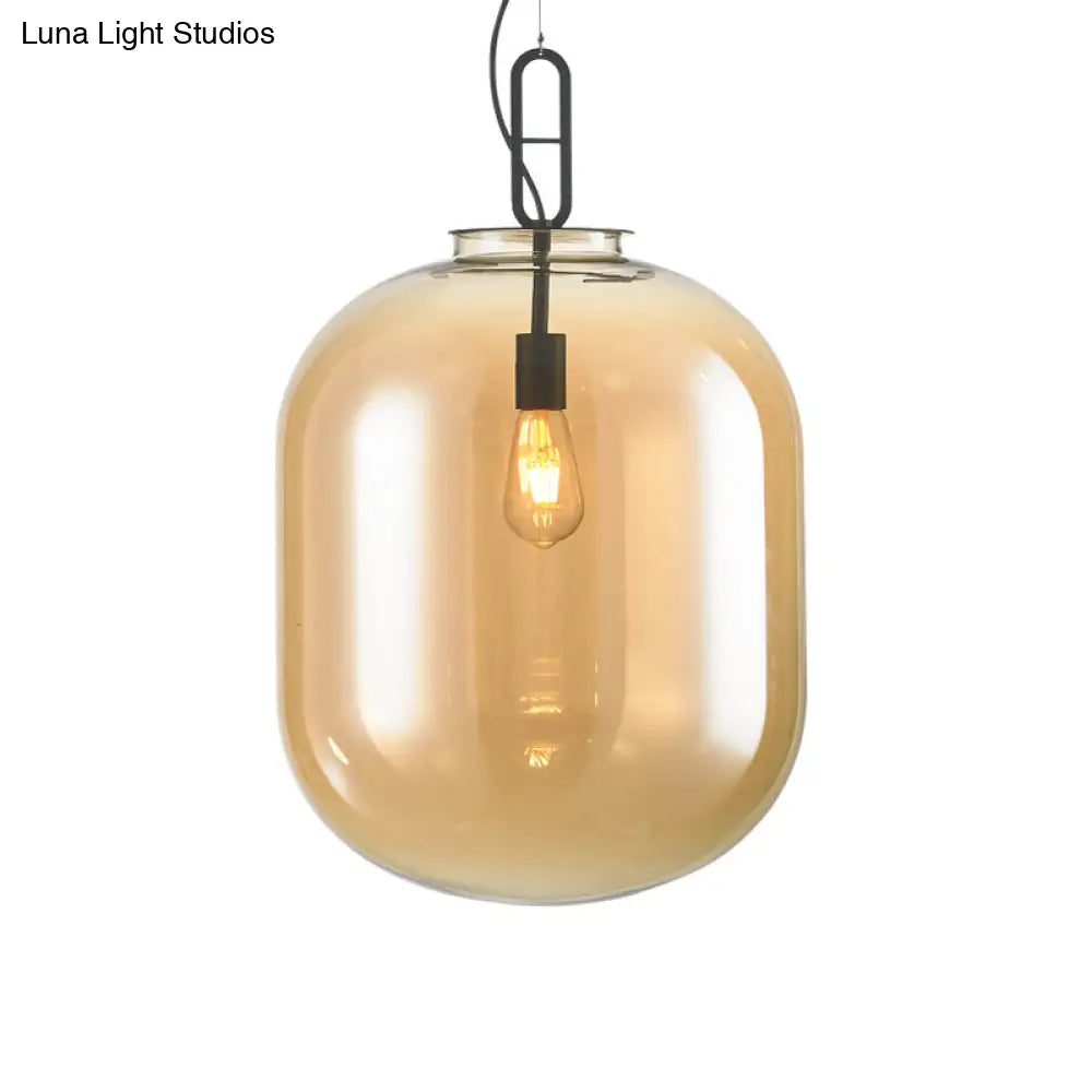 Modern Black Ovale Ceiling Hanging Light With Smoke Grey/Amber Glass Pendant - 1 Bulb Lighting