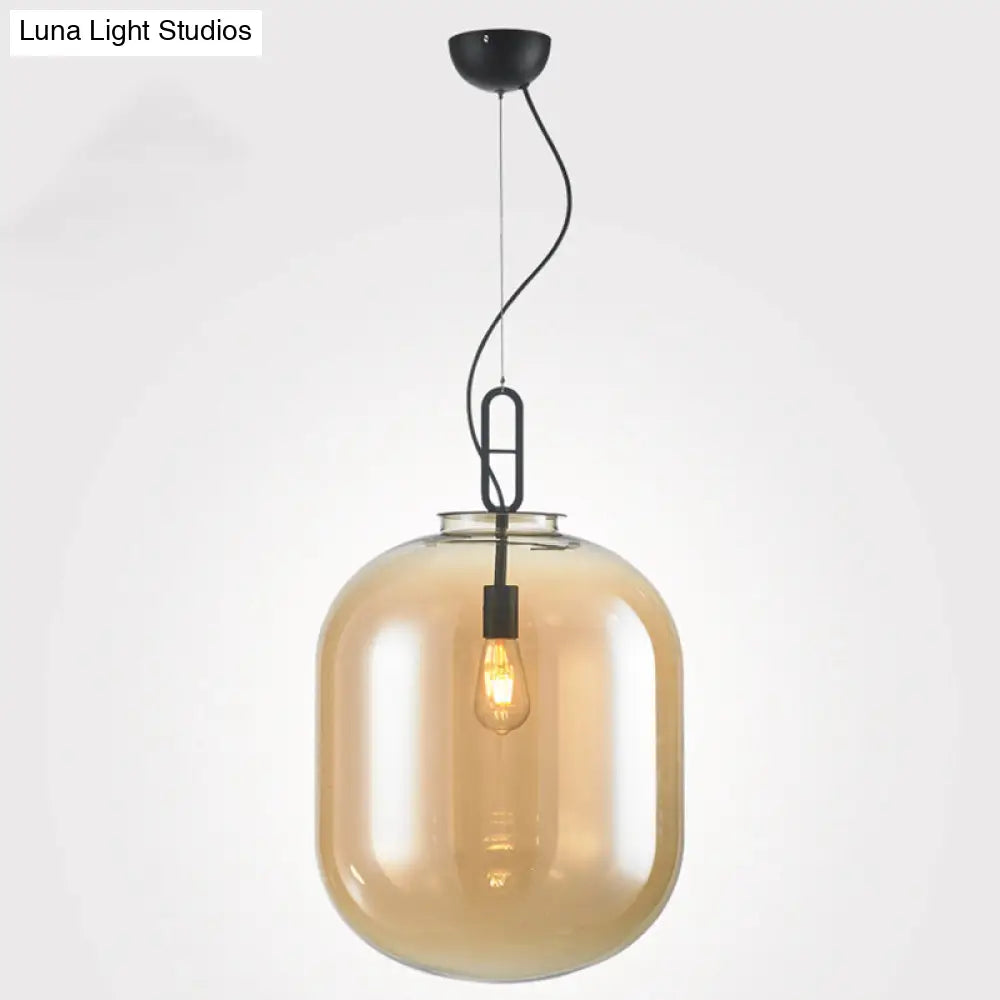 Modern Black Ovale Ceiling Hanging Light With Smoke Grey/Amber Glass Pendant - 1 Bulb Lighting