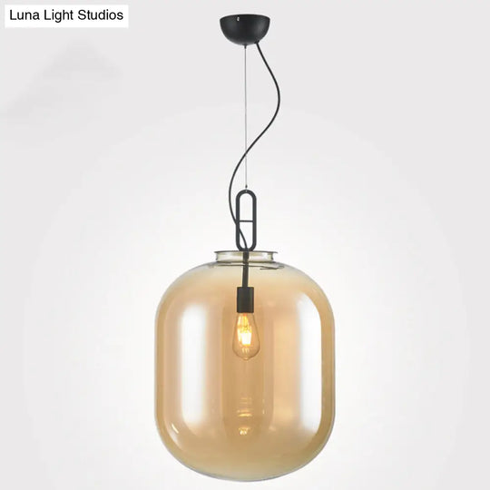 Modern Black Ovale Ceiling Hanging Light With Smoke Grey/Amber Glass Pendant - 1 Bulb Lighting