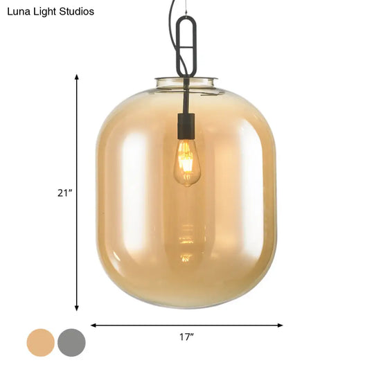 Modern Black Ovale Ceiling Hanging Light With Smoke Grey/Amber Glass Pendant - 1 Bulb Lighting