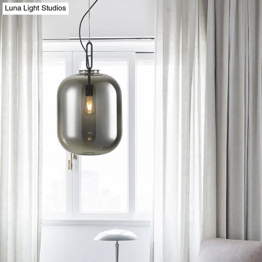 Modern Black Ovale Ceiling Hanging Light With Smoke Grey/Amber Glass Pendant - 1 Bulb Lighting