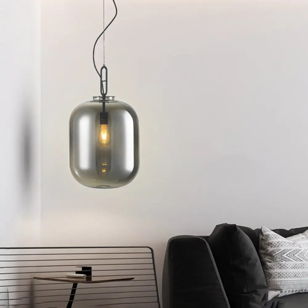 Modern Black Ovale Ceiling Hanging Light With Smoke Grey/Amber Glass Pendant - 1 Bulb Lighting