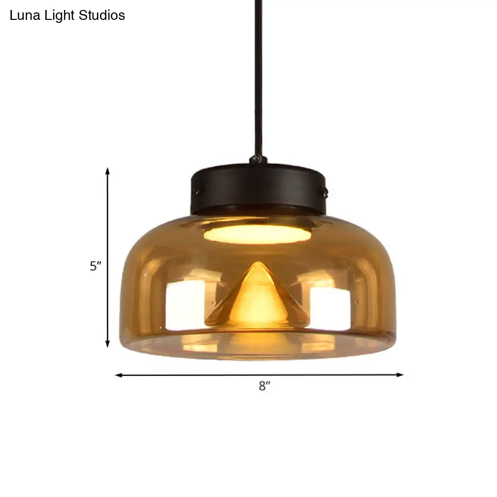 Postmodern Black Pendant Lamp With Amber Glass Bowl Shade & Bedside Led Down Lighting