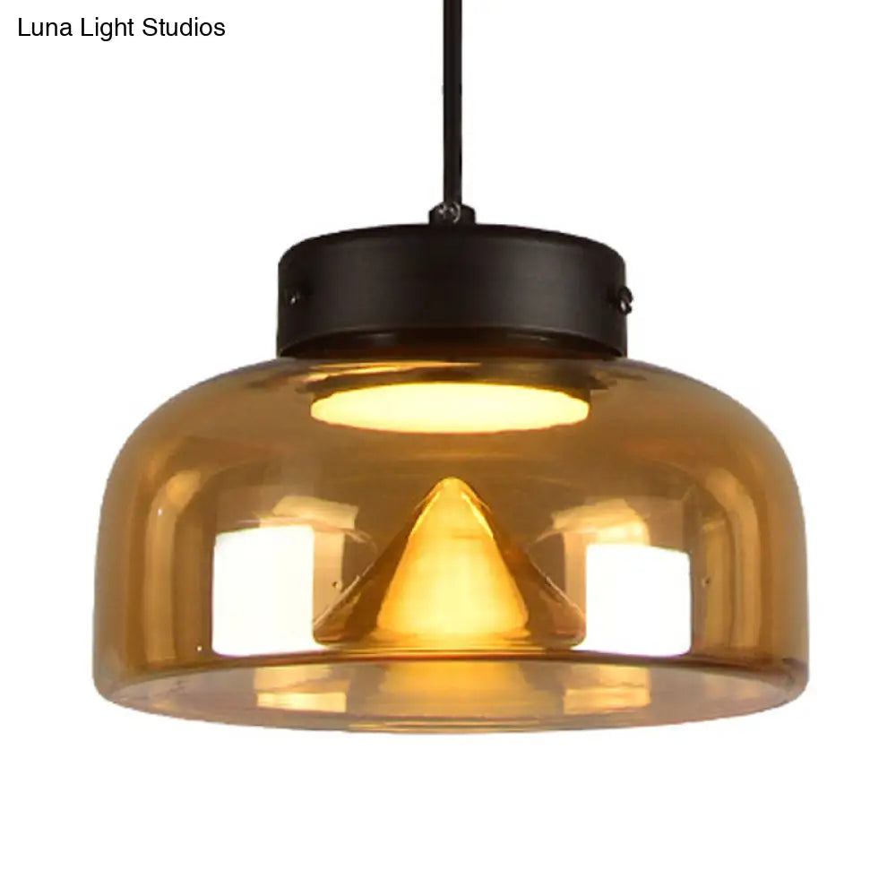 Modern Black Pendant Lamp With Amber Glass Shade - Bedside Led Down Lighting