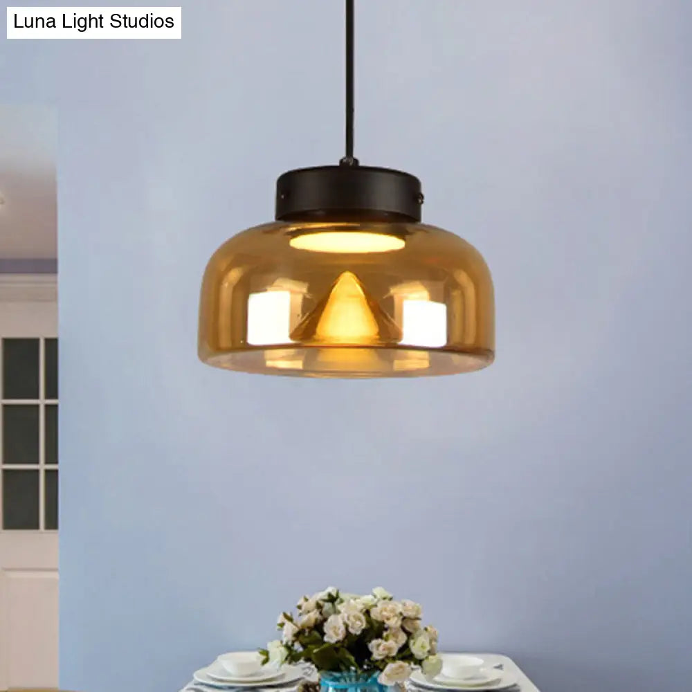 Postmodern Black Pendant Lamp With Amber Glass Bowl Shade & Bedside Led Down Lighting