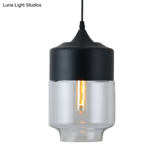 Modern Black Pendant Lamp With Jar Clear Glass Shade - 1-Light Restaurant Down Lighting