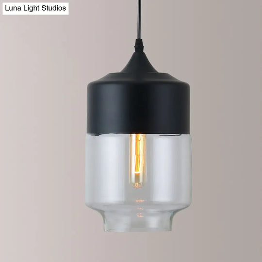 Modern Black Pendant Lamp With Jar Clear Glass Shade - 1-Light Restaurant Down Lighting