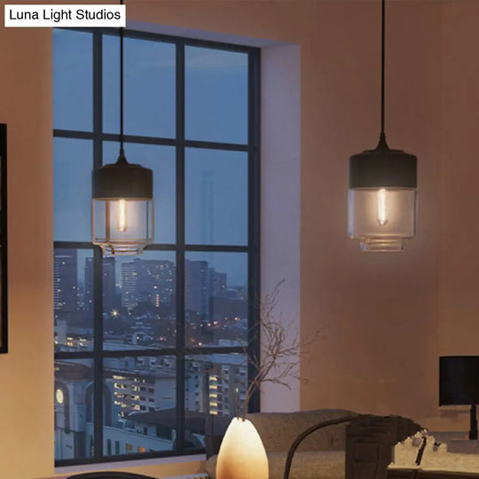 Modern Black Pendant Lamp With Jar Clear Glass Shade - 1-Light Restaurant Down Lighting / A