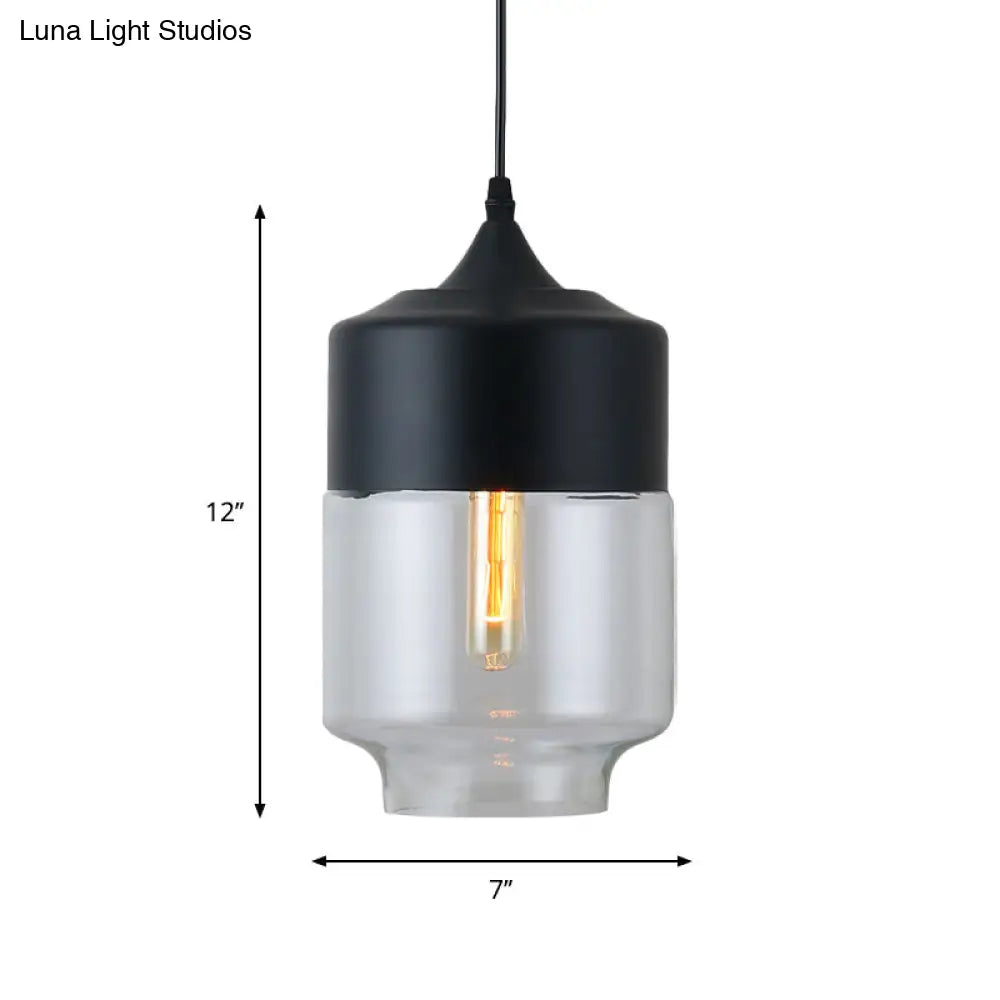 Modern Black Pendant Lamp With Jar Clear Glass Shade - 1-Light Restaurant Down Lighting