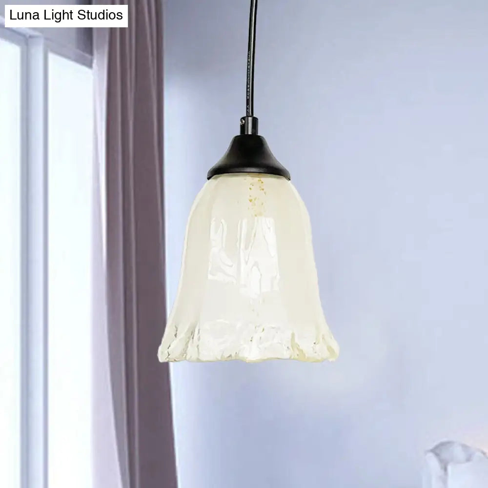 Modern Black Pendant Lamp With Flower White Glass Shade - Stylish Hanging Light For Living Room