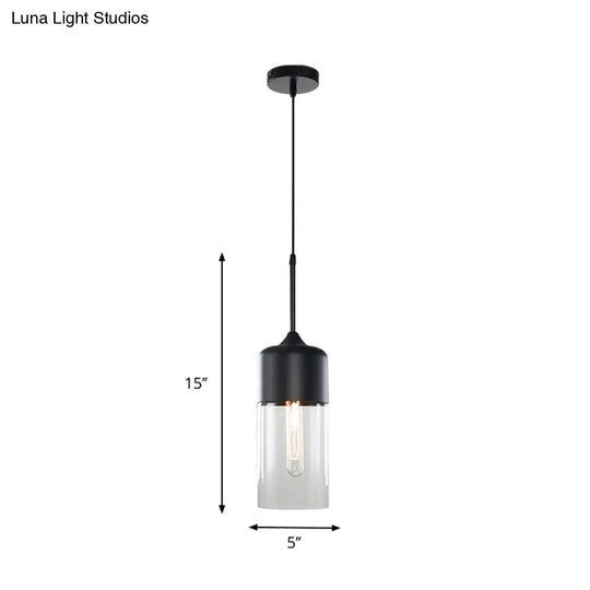 Modern Black Pendant Light Fixture With Clear Glass Cylinder/Mason Jar Design - Perfect For Table