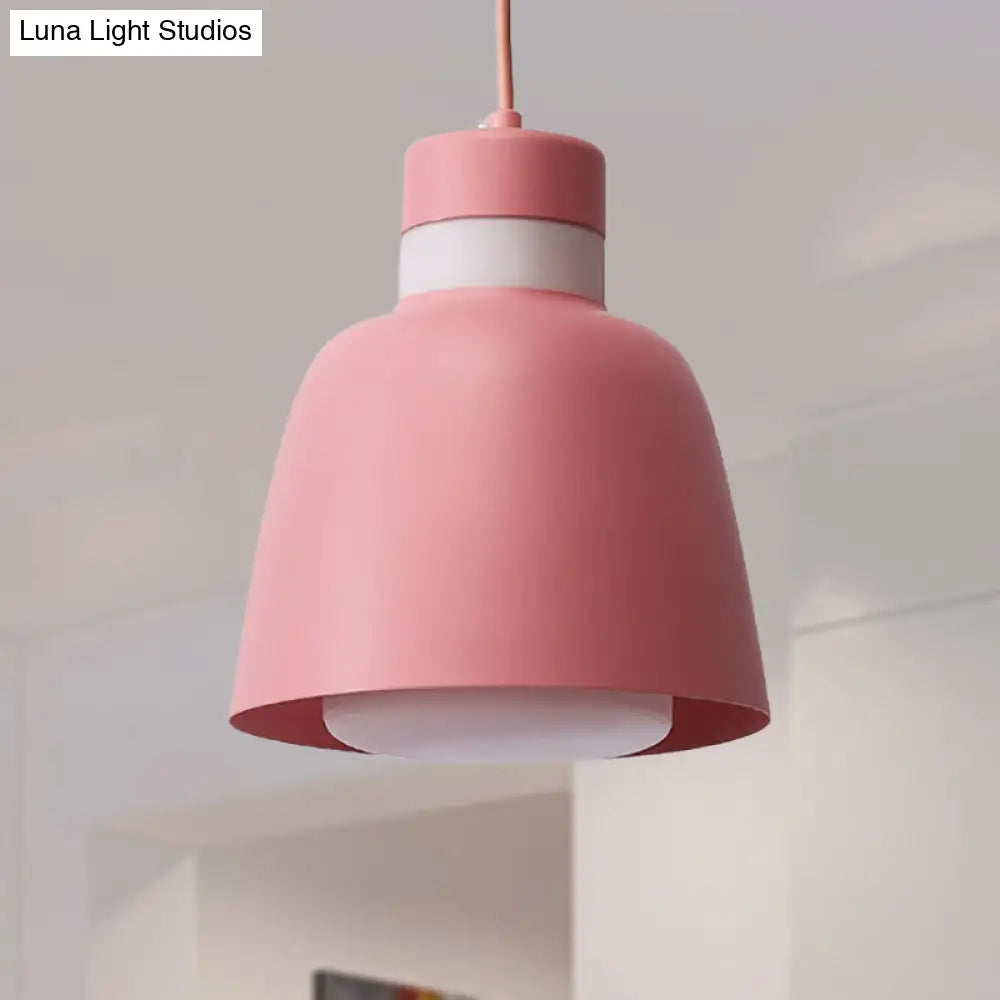 Modernistic Bell Ceiling Pendant Light: Black/Pink/Yellow Metal Hanging Lamp Kit With 1 Light Pink