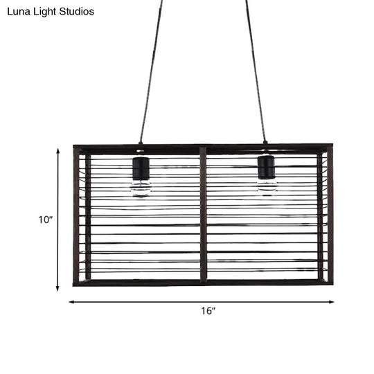 Modern Black Rectangle Cage Island Pendant Light - 16/19.5 W 2-Light Bamboo Suspension Lamp For