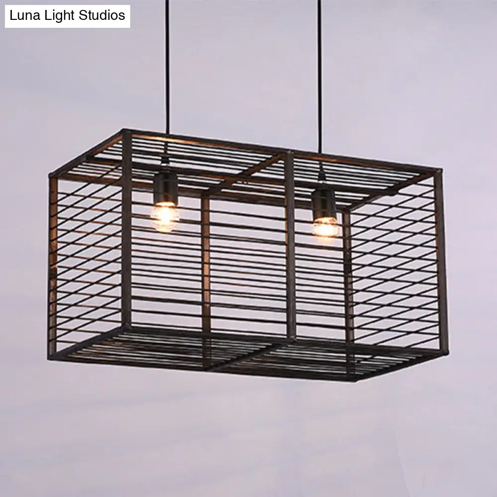 Modern Black Rectangle Cage Island Pendant Light - 16/19.5 W 2-Light Bamboo Suspension Lamp For