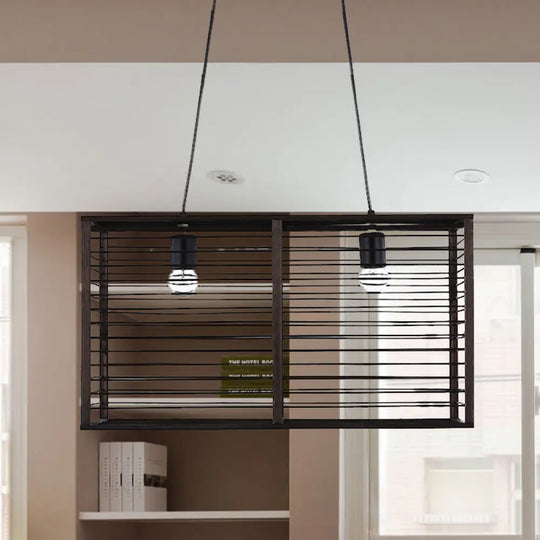 Modern Black Rectangle Cage Island Pendant Light - 16/19.5 W 2-Light Bamboo Suspension Lamp For