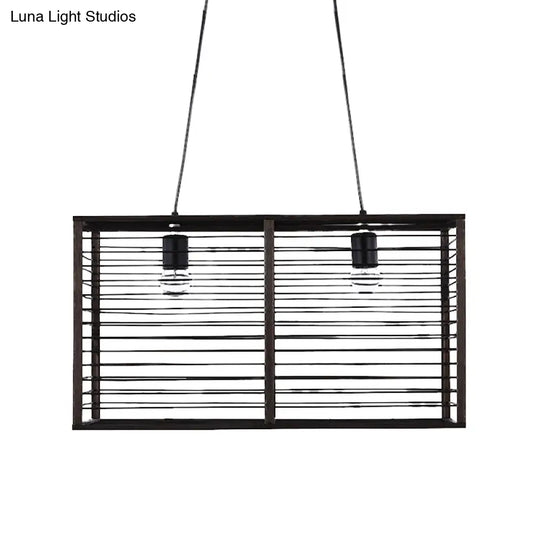 Modern Black Rectangle Cage Island Pendant Light - 16/19.5 W 2-Light Bamboo Suspension Lamp For