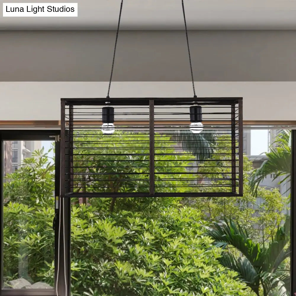 Modern Black Rectangle Cage Island Pendant Light - 16/19.5 W 2-Light Bamboo Suspension Lamp For